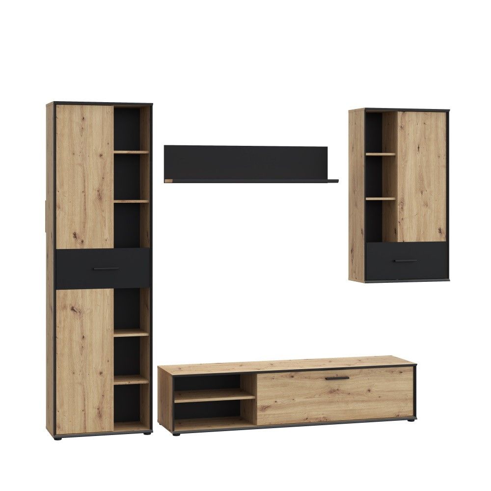 Mueble de Salón Completo | Mueble de TV, Estante, Vitrina | Medidas: 260 x 40.6 x 200 cm | Color Roble Artisan con Gris