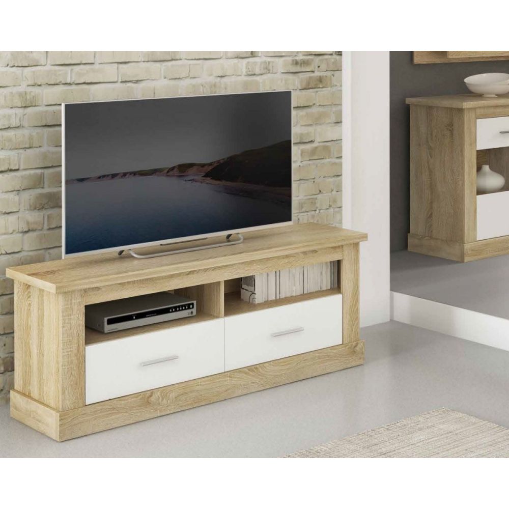 Mueble de Comedor, Mueble Salón, Acabado en Blanco y Cambria, Medidas: 297 cm (Ancho) x 201,6 cm (Alto) x 41,8 cm (Fondo)