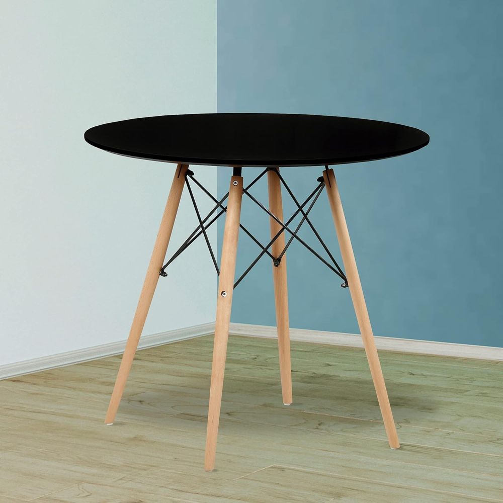 Mesa Redonda de Comedor o Cocina en Patas de Madera y Tapa Negra – 80 cm de Diámetro y 75 cm de Alto.