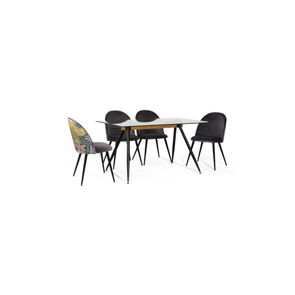 Mesa de Comedor de Cristal Templado - Patas Metálicas Negras y Travesaño de Madera | Diseño Moderno | 140x90 x 75 cm