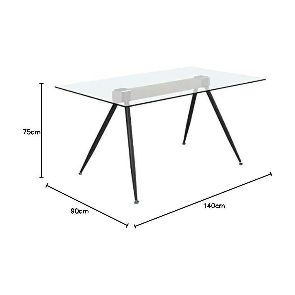 Mesa de Comedor de Cristal Templado - Patas Metálicas Negras y Travesaño de Madera | Diseño Moderno | 140x90 x 75 cm