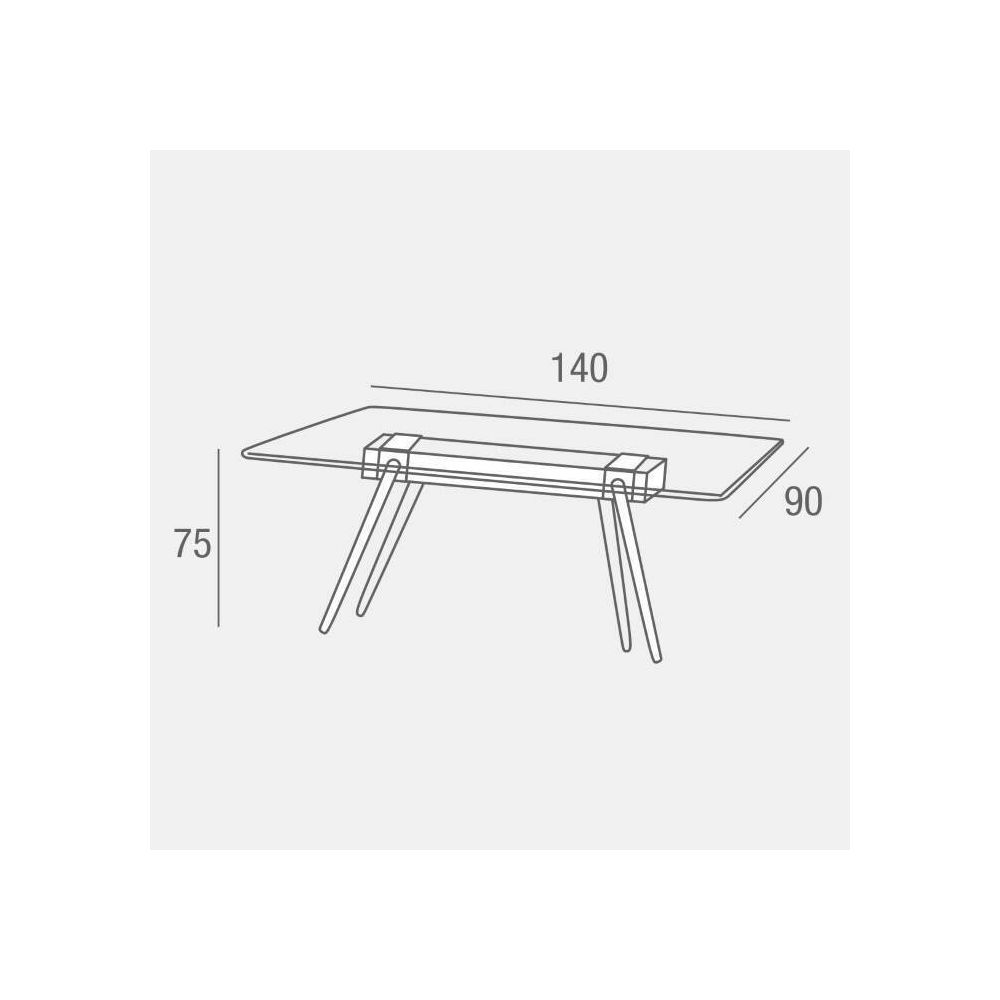 Mesa de Comedor de Cristal Templado - Patas Metálicas Negras y Travesaño de Madera | Diseño Moderno | 140x90 x 75 cm
