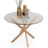 Mesa Redonda con Tapa de Cristal y Estructura Metálica Acabado Madera | Medidas: 110 x 73 cm