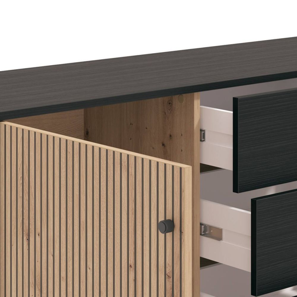 Aparador de Estilo Artisan Negro con 2 Puertas y 4 Cajones - Medidas 157x40x92,5 cm