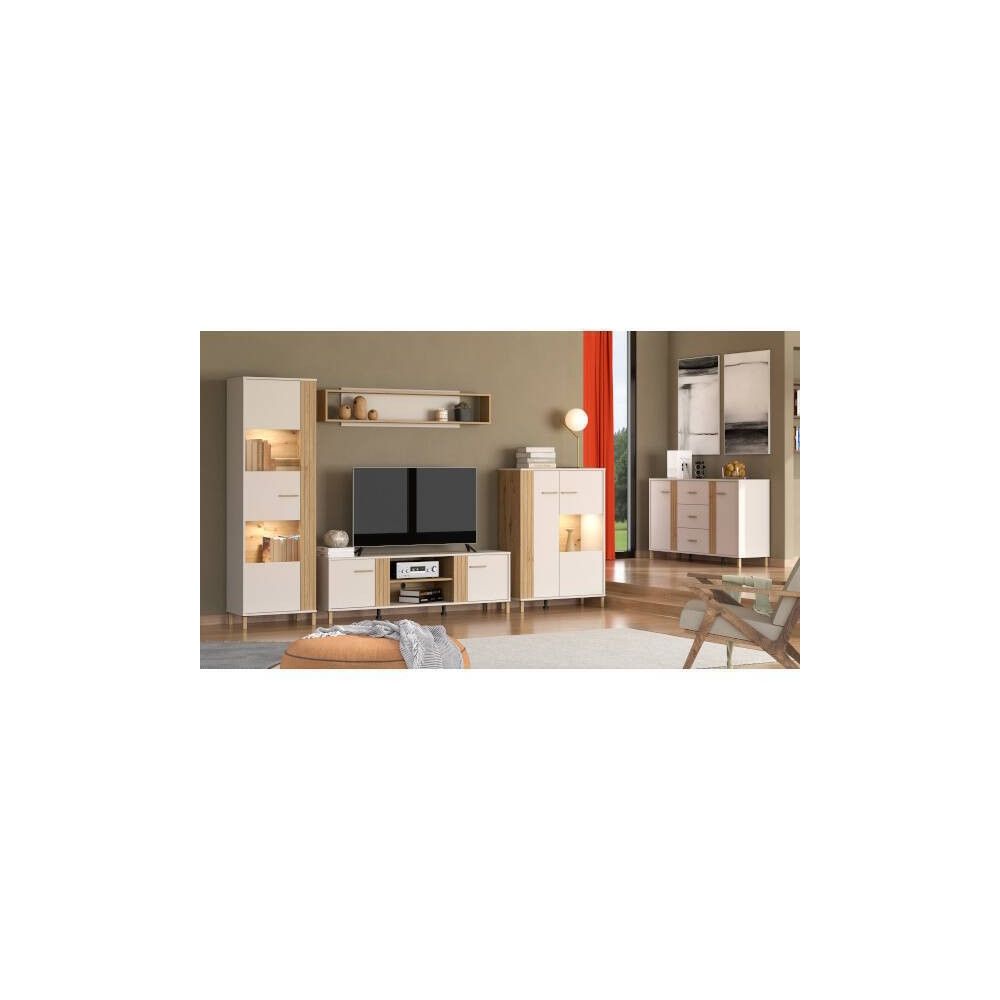 Aparador en Melamina Cashmere y Roble Artisan con Puertas, Mueble de Almacenaje - Medidas 163,5x40x90,5 cm