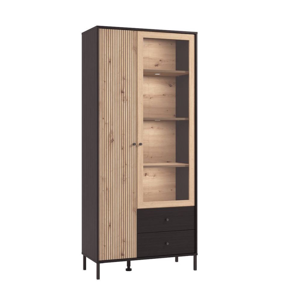 Vitrina Alta en Roble Artisan y Negro con Puerta Estrecha, Puerta Acristalada y 2 Cajones - Medidas 86,5x40x195 cm