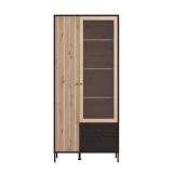 Vitrina Alta en Roble Artisan y Negro con Puerta Estrecha, Puerta Acristalada y 2 Cajones - Medidas 86,5x40x195 cm