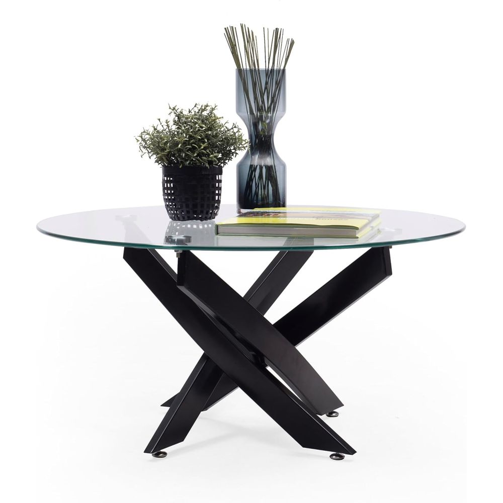Mesa de Centro Redonda con Tapa de Cristal 8 mm y Patas Metálicas en Acabado Negro -Medidas 80x40 cm