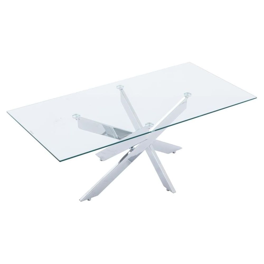 Mesa de Centro con Tapa de Cristal Templado de 8 mm y Patas Metálicas Cruzadas en Acabado Crema -  Medidas 110x55x45 cm