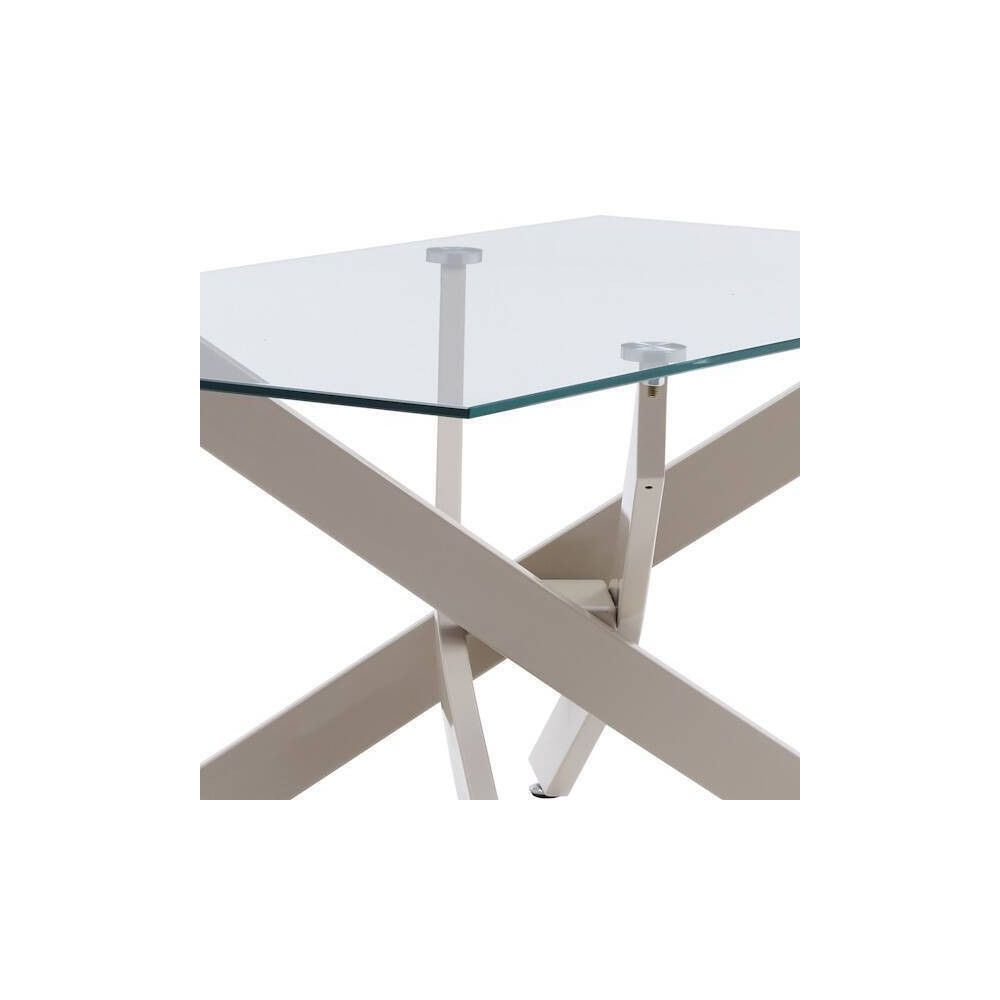 Mesa de Centro con Tapa de Cristal Templado de 8 mm y Patas Metálicas Cruzadas en Acabado Crema -  Medidas 110x55x45 cm