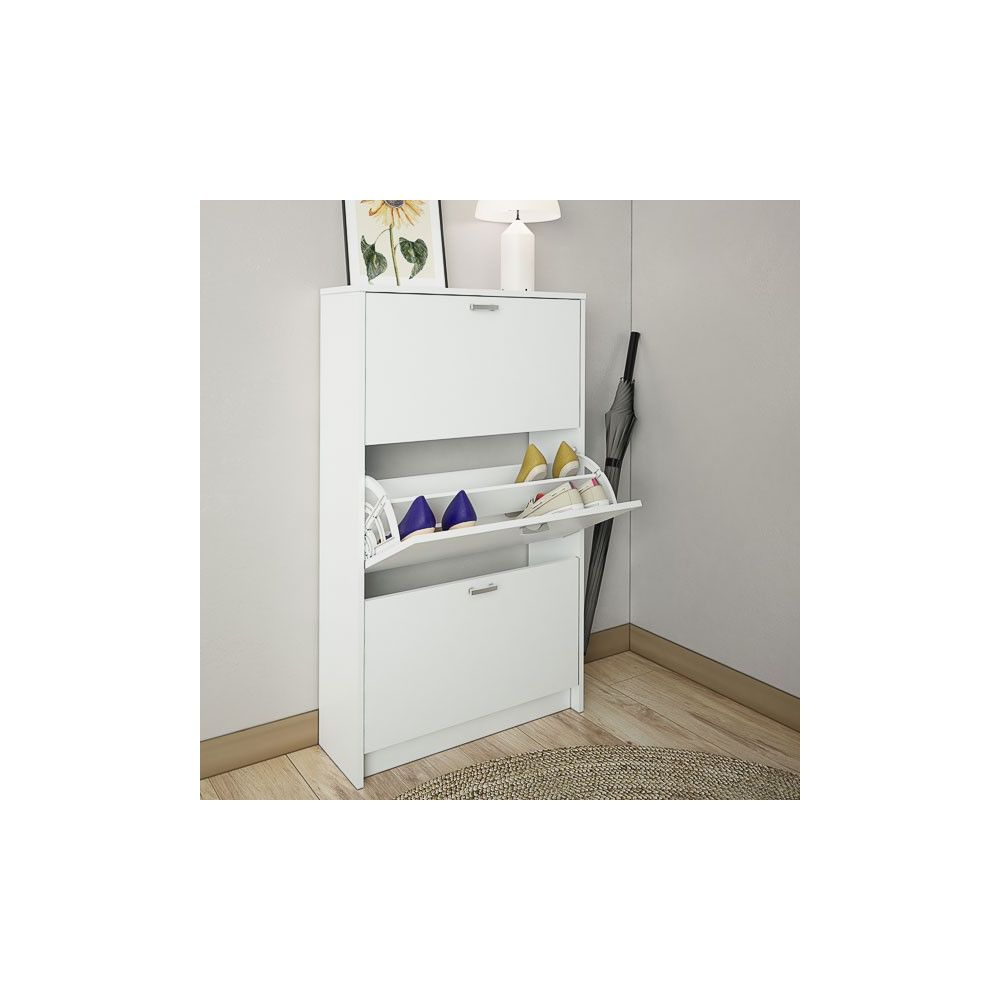 Zapatero Compacto Blanco – Mueble con 3 Puertas y Doble Profundidad | MDF con Acabado Melamina | 70 x 25 x 120 cm
