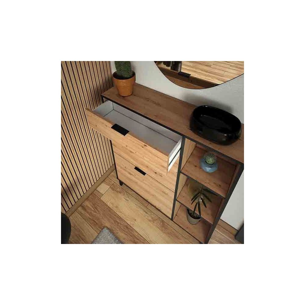 Mueble Zapatero de Entrada – 2 Puertas y 1 Cajón | Color Roble/Pizarra | 110 x 90 x 24,5 cm