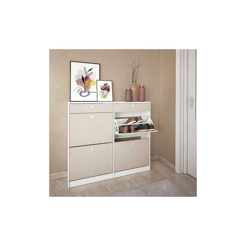 Mueble Zapatero con 4 Puertas y 2 Cajones | Acabado Blanco/Textil | 116,8 x 104,3 x 27 cm