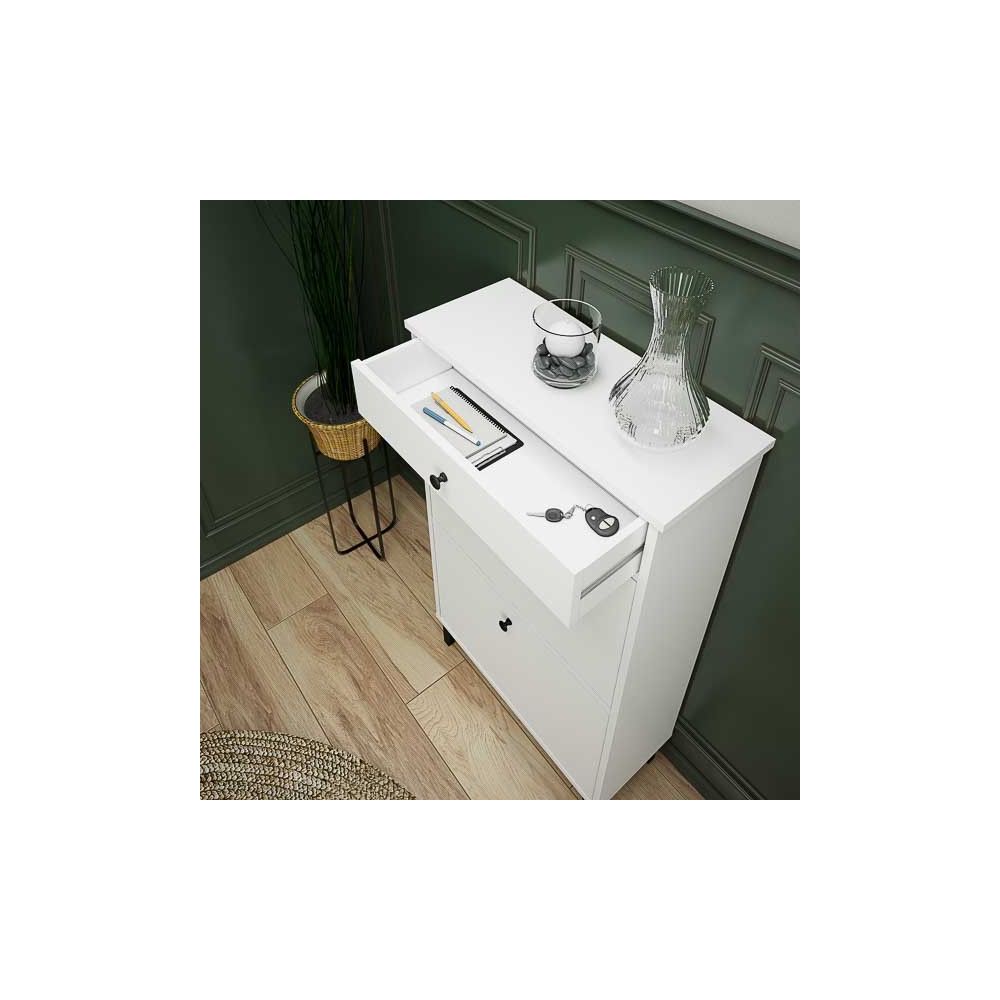 Mueble Zapatero Blanco con 2 Puertas y 1 Cajón | 61,1 x 110 x 25 cm