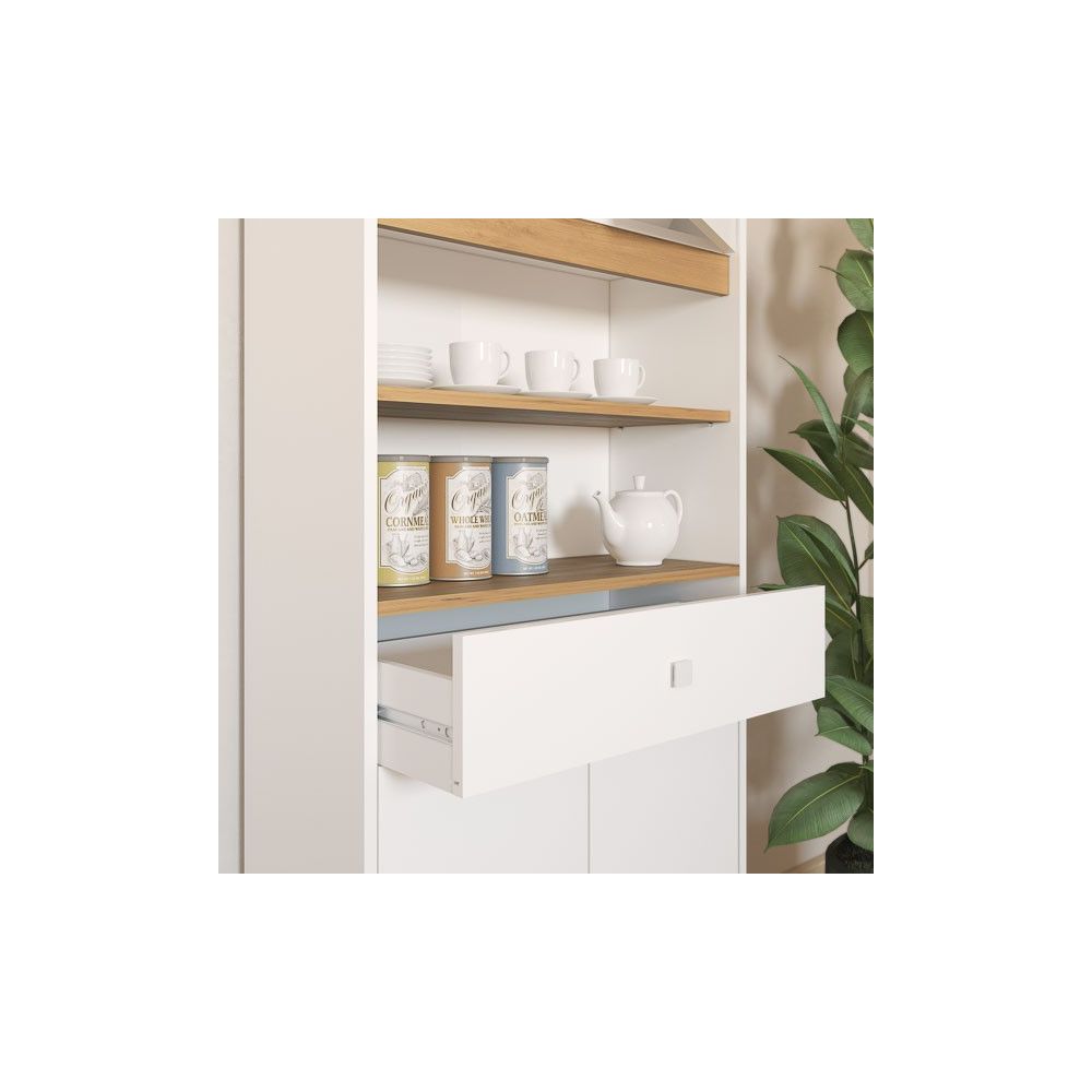 Armario Multiusos Tipo Buffet con 4 Puertas – Acabado Blanco y Roble – 180 x 67 x 29 cm (alto x ancho x fondo)
