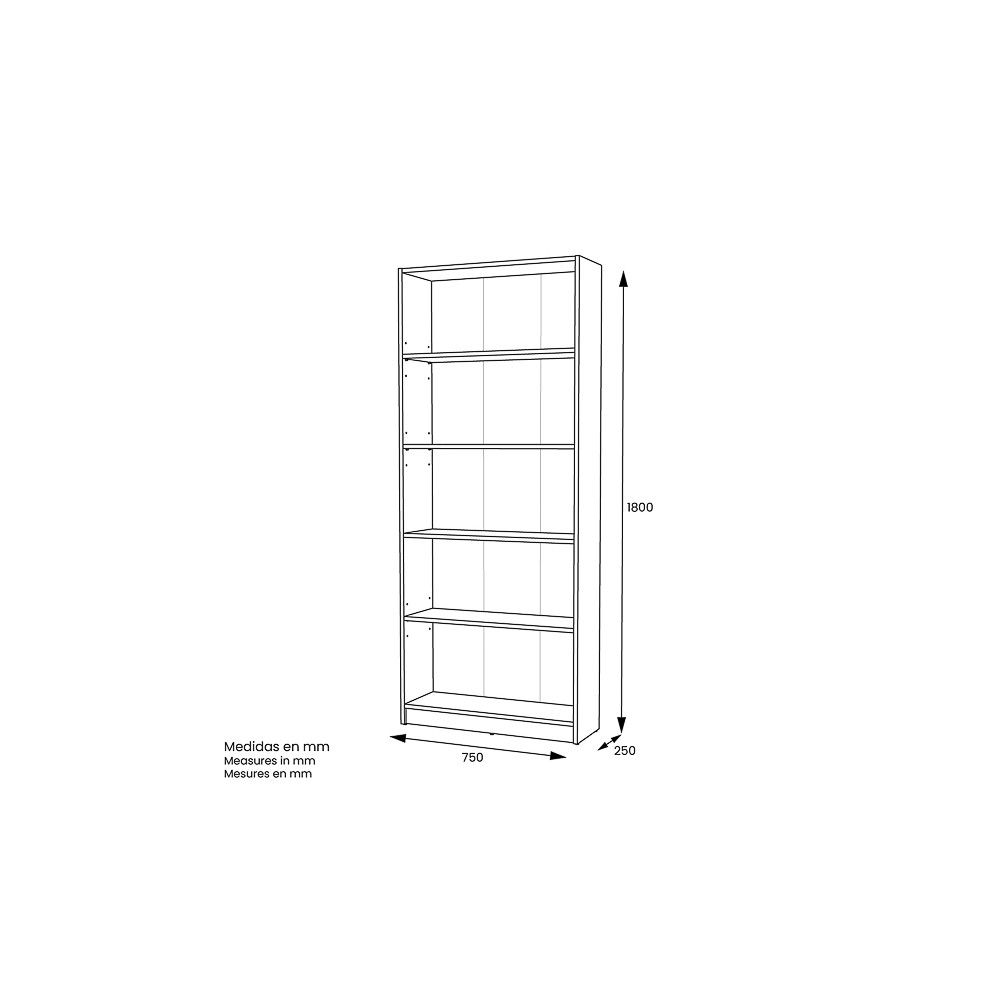 Estantería Alta Salón, Librería, Color Blanco, Medidas: 180 cm (Alto) x 75 cm (Ancho) x 25 cm (Fondo)