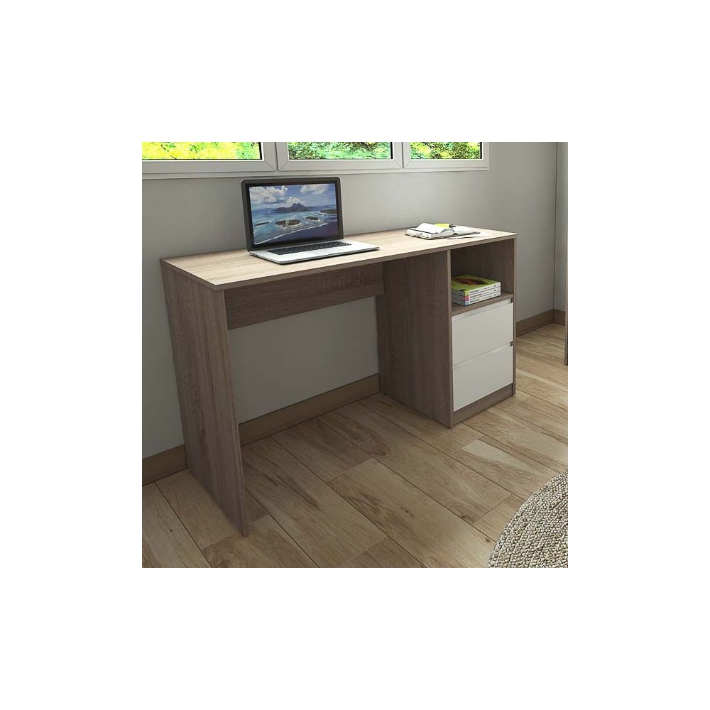 Escritorio de Oficina con 2 Cajones y 1 Estante, MDF Roble y Blanco, 120x50x75 cm - Moderno y Funcional
