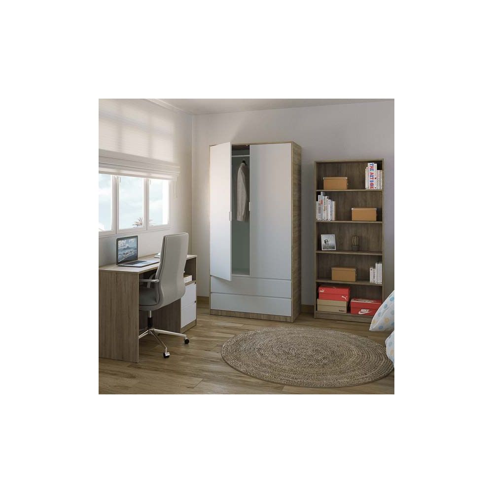 Escritorio de Oficina con 2 Cajones y 1 Estante, MDF Roble y Blanco, 120x50x75 cm - Moderno y Funcional