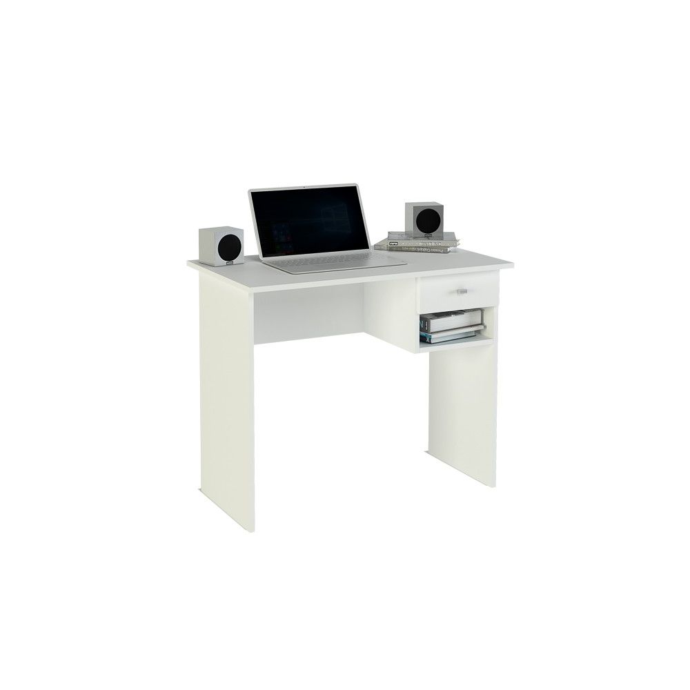 Mesa de Escritorio y Trabajo en Color Blanco, 90x50x74cm - Con Cajón y Estante para Oficina o Estudio