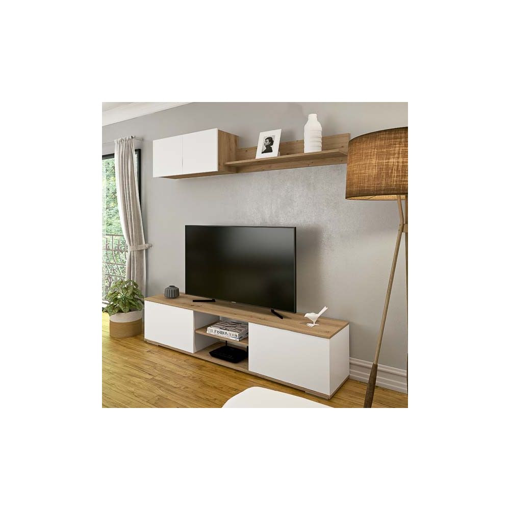 Mueble Salón Comedor 2 Módulos y 1 Estantería con puertas Color Blanco Y roble Estilo Moderno 180x80x40 Cm