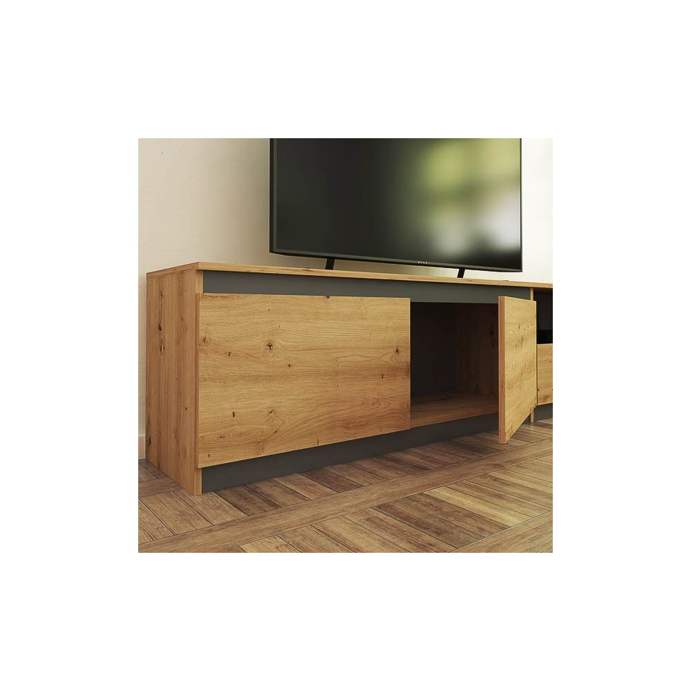 Mueble de TV de Diseño + Modulo Alto de Almacenamiento y 2 Puertas,Roble y Gris 85 cm(Alto) x 200cm (Ancho) x 40cm (Fondo)