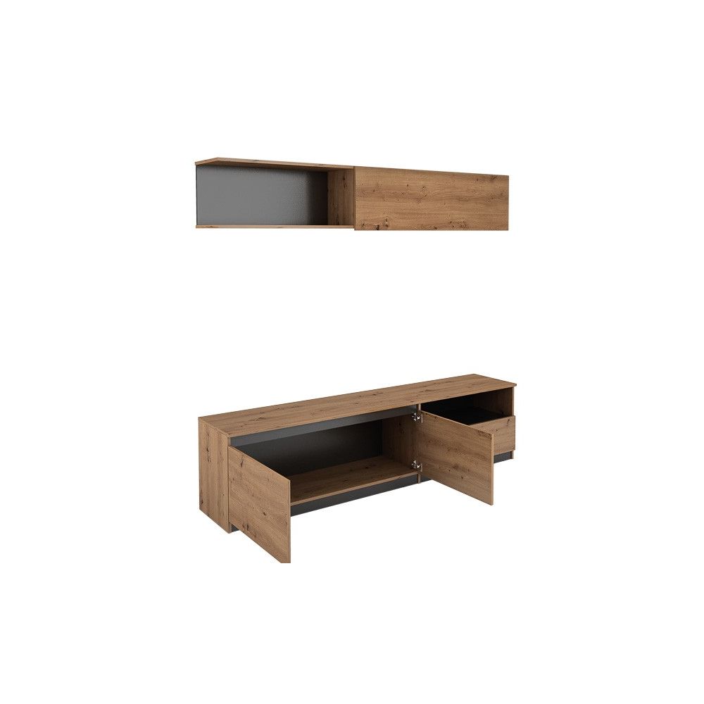 Mueble de TV de Diseño + Modulo Alto de Almacenamiento y 2 Puertas,Roble y Gris 85 cm(Alto) x 200cm (Ancho) x 40cm (Fondo)