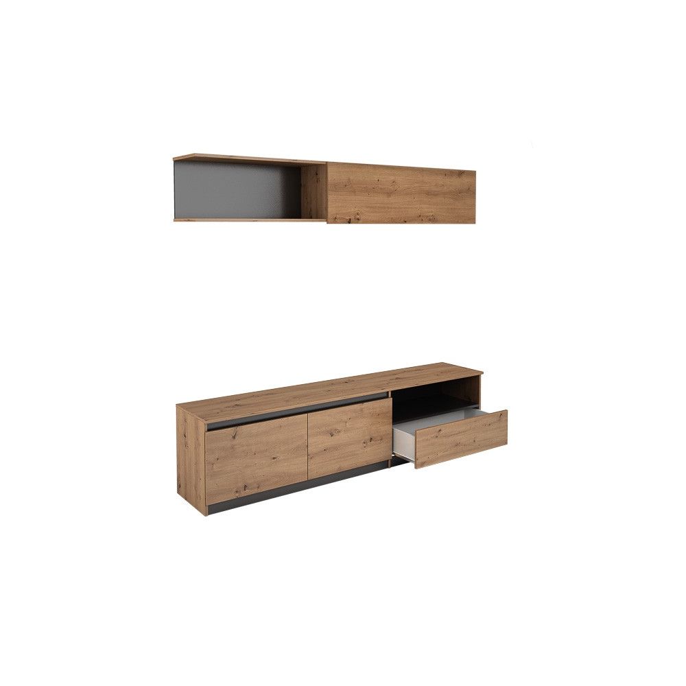 Mueble de TV de Diseño + Modulo Alto de Almacenamiento y 2 Puertas,Roble y Gris 85 cm(Alto) x 200cm (Ancho) x 40cm (Fondo)