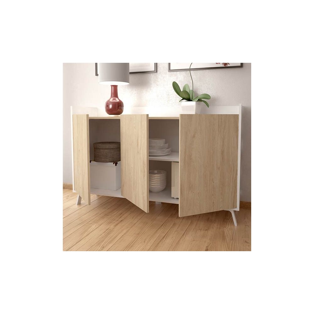 Aparador, Buffet, Salón Comedor 3 Puertas, Armario Auxiliar Color Blanco y Roble, Medidas: 140x87x40 Cm