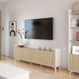 Aparador, Mueble Tv, Salón Comedor 4 Puertas, Armario Auxiliar Color Blanco y Roble, Medidas: 180x63x33,5 Cm