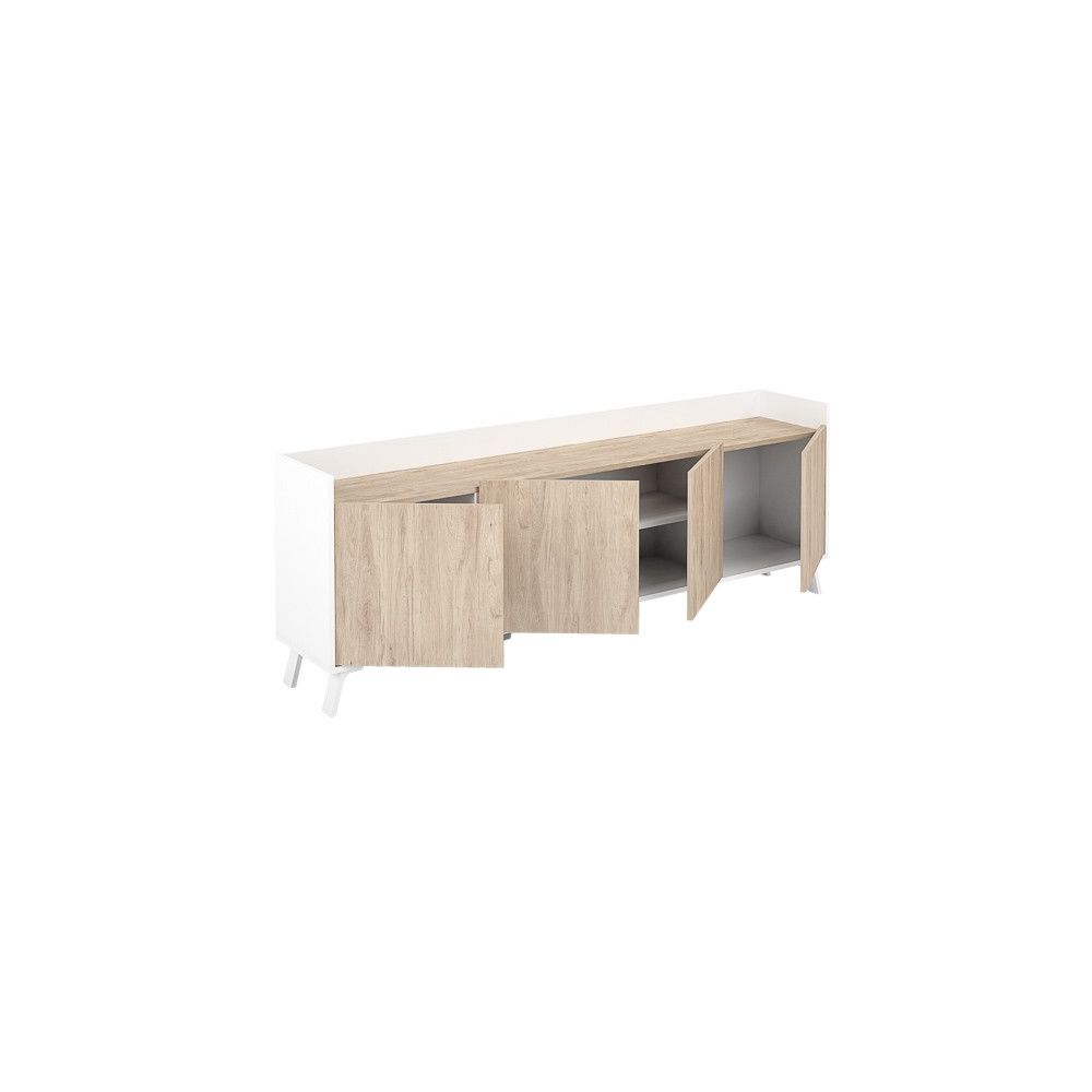 Aparador, Mueble Tv, Salón Comedor 4 Puertas, Armario Auxiliar Color Blanco y Roble, Medidas: 180x63x33,5 Cm