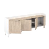 Aparador, Mueble Tv, Salón Comedor 4 Puertas, Armario Auxiliar Color Blanco y Roble, Medidas: 180x63x33,5 Cm
