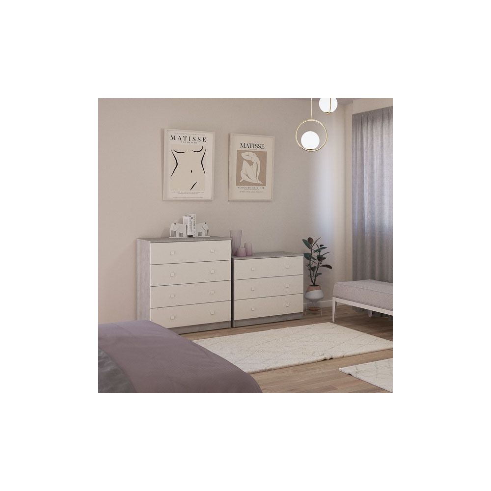 Cómoda con 3 Cajones, para Dormitorio, Acabado en Color Cemento Blanco, Medidas: 80 cm (Ancho) x 70 cm (Alto) x 48 cm (Fondo)