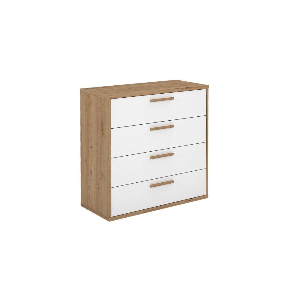 Cómoda con 4 Cajones, para Dormitorio, Acabado en Color Blanco y Roble, Medidas: 88 cm (Ancho) x 86 cm (Alto) x 48 cm (Fondo)