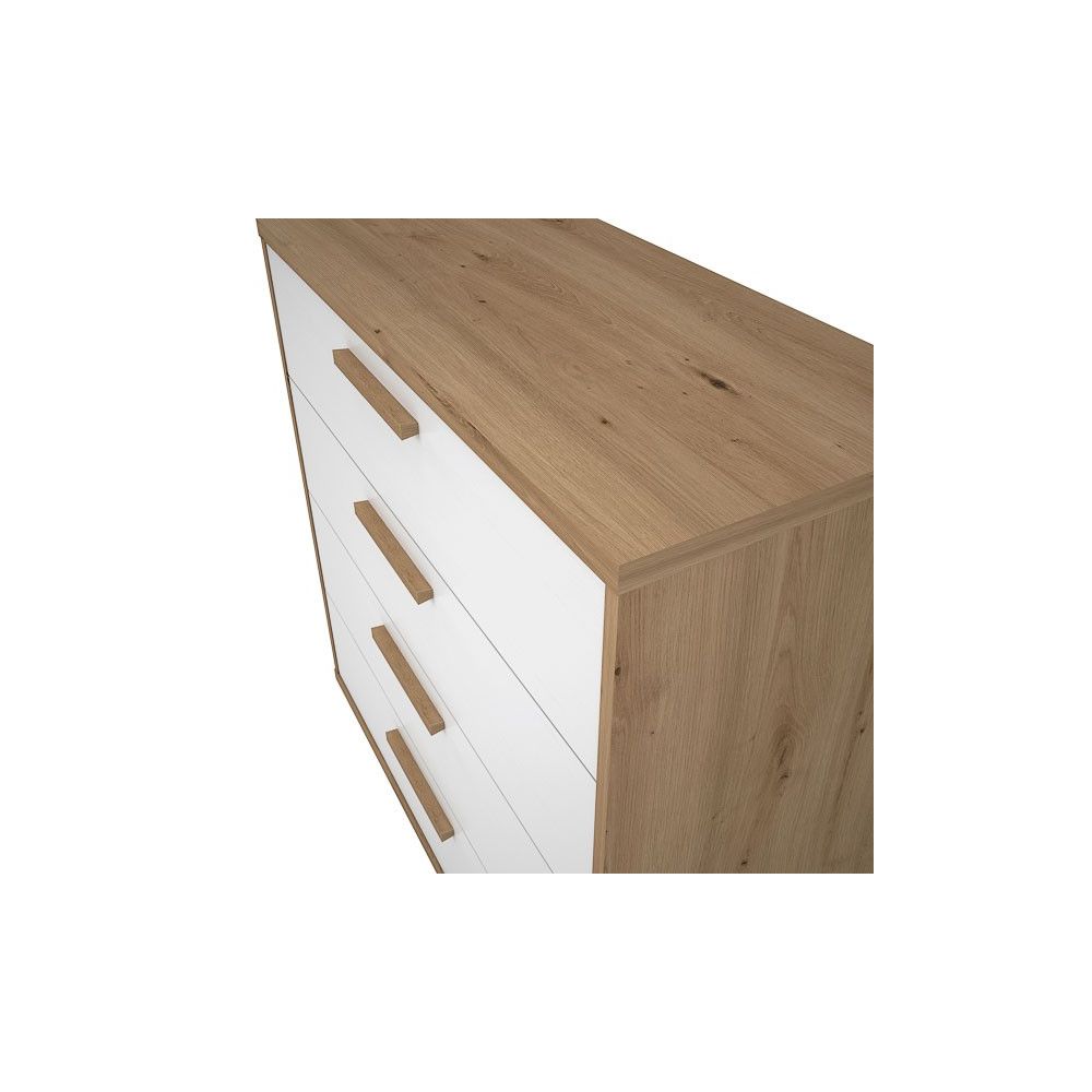 Cómoda con 4 Cajones, para Dormitorio, Acabado en Color Blanco y Roble, Medidas: 88 cm (Ancho) x 86 cm (Alto) x 48 cm (Fondo)