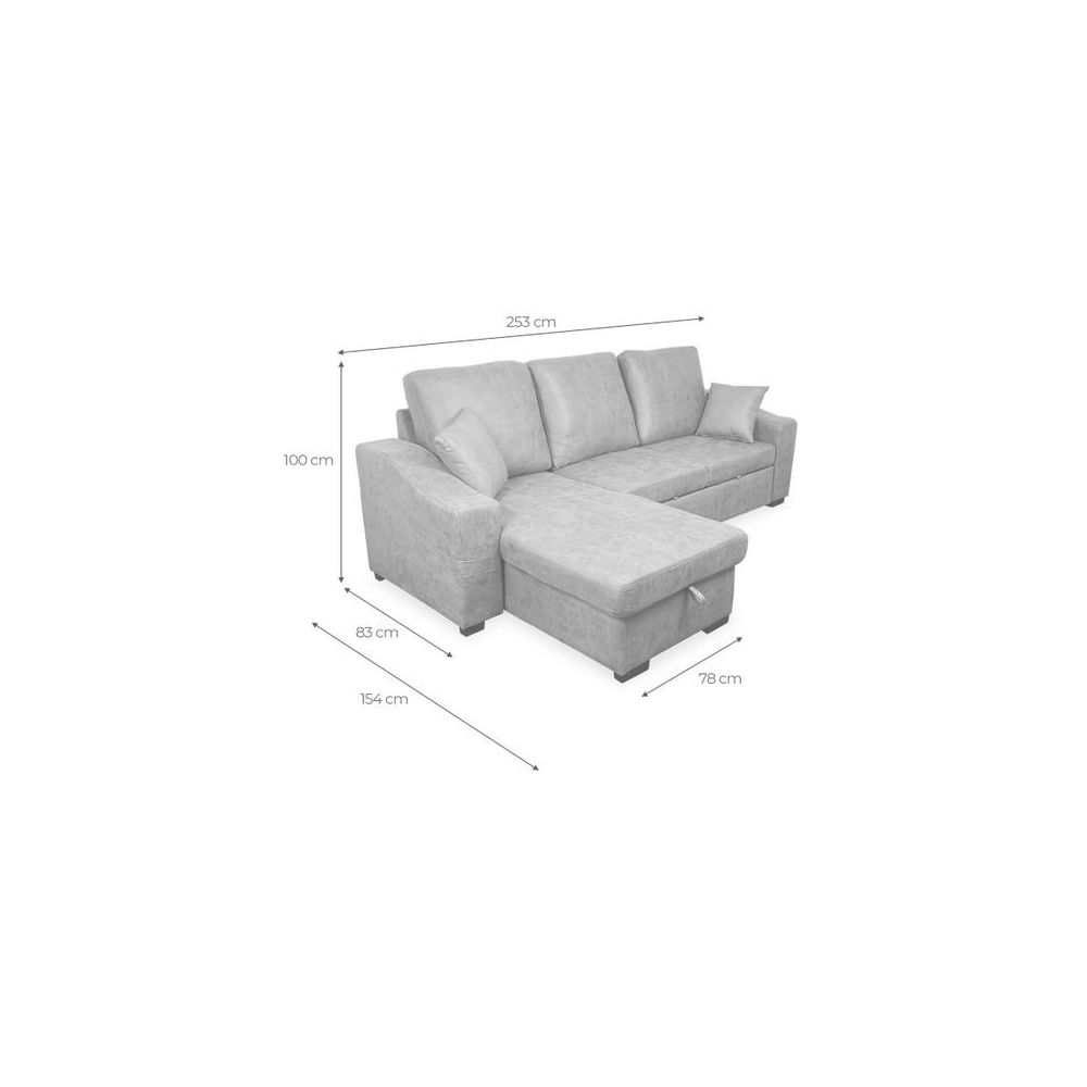 Sofá Cama 3 Plazas Reversible con Chaiselongue y Almacenaje, Tapizado en Tela Cemento, 229x93x153 cm