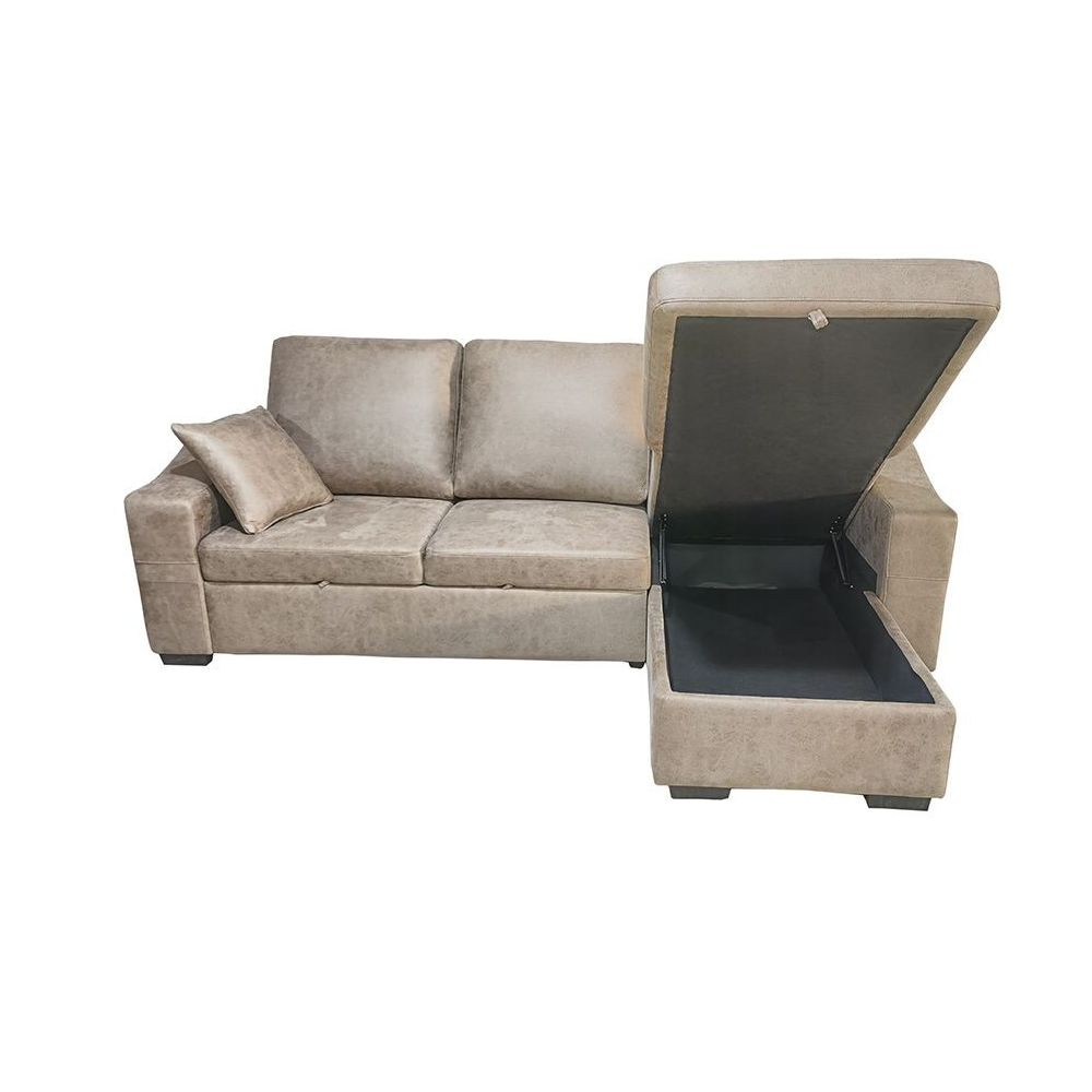 Sofá Cama 3 Plazas Reversible con Chaiselongue y Almacenaje, Tapizado en Tela Piedra, 229x93x153 cm
