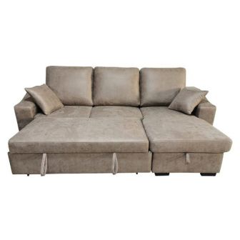 Sofá Cama 3 Plazas Reversible con Chaiselongue y Almacenaje, Tapizado en Tela Piedra, 229x93x153 cm