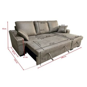 Sofá Cama 3 Plazas Reversible con Chaiselongue y Almacenaje, Tapizado en Tela Piedra, 229x93x153 cm