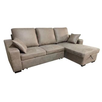 Sofá Cama 3 Plazas Reversible con Chaiselongue y Almacenaje, Tapizado en Tela Cemento, 229x93x153 cm