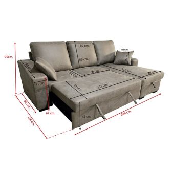 Sofá Cama 3 Plazas Reversible con Chaiselongue y Almacenaje, Tapizado en Tela Cemento, 229x93x153 cm