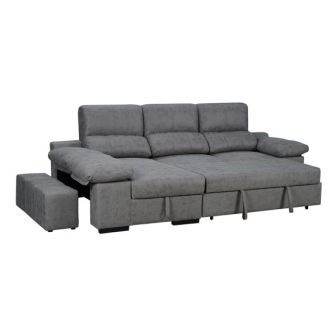 Sofá con Chaiselongue Reversible Color Cemento, Asientos Extensibles y Arcón, 291x160x104 cm, Tapizado en Tela