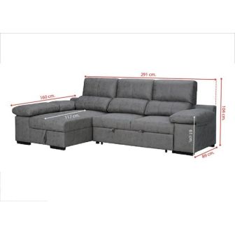 Sofá con Chaiselongue Reversible Color Cemento, Asientos Extensibles y Arcón, 291x160x104 cm, Tapizado en Tela