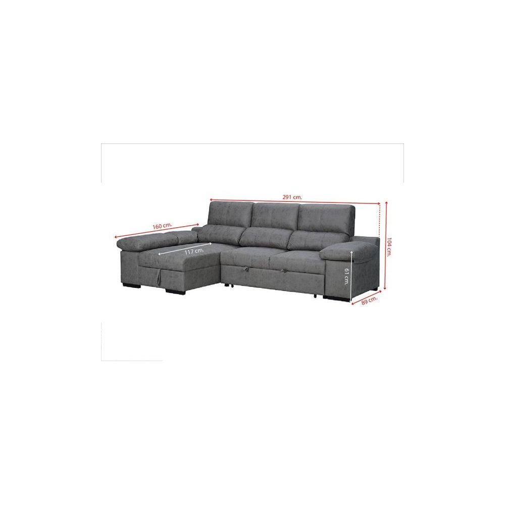 Sofá con Chaiselongue Reversible Color Piedra, Asientos Extensibles y Arcón, 291x160x104 cm, Tapizado en Tela