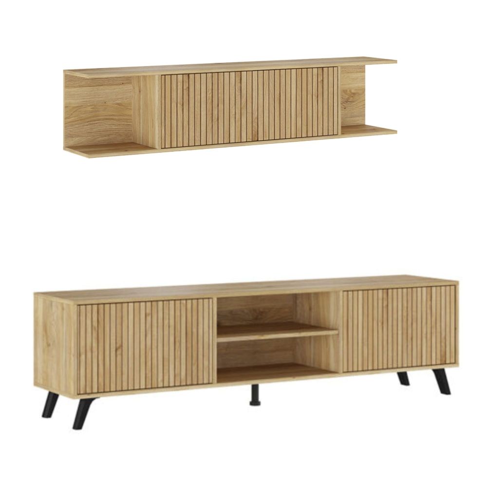 Mueble de TV de Diseño Nórdico + Modulo Alto, 2 Compartimentos y 2 Puertas,Mauvella Rayas, 49cm(Al) x 180cm (Anc) x 40cm (Fon)