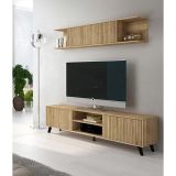Conjunto de Salón Mueble Completo: Bajo TV, Vitrina, Estantería Decorativa y 2 Estantes - Color Mauvella Rayas