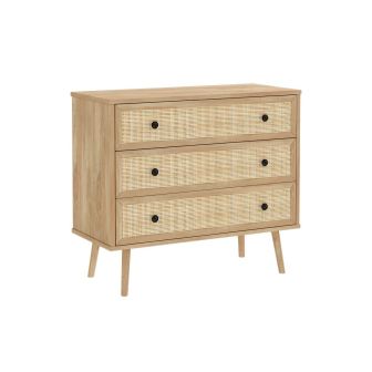 Cómoda de 3 Cajones con Patas de Madera - Color Natural - 90x39x79 cm - Mueble de Almacenamiento para Dormitorio